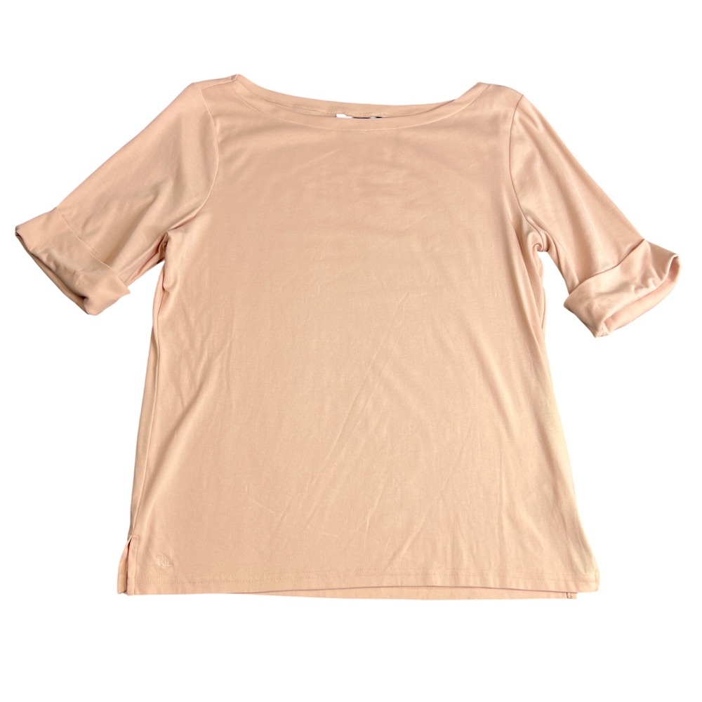 Lauren Ralph Lauren Peach Pink Boat Neck Short Sleeve Knit Top XL LRL Logo